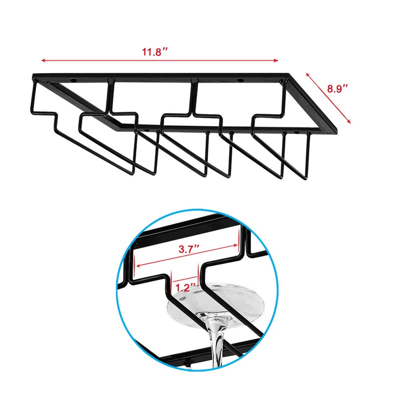 MOCOUM Wine Glasses Rack Under Cabinet Stemware Rack, Wine Glass Hanger Rack Wire Wine Glass Holder Storage Hanger for Cabinet Kitchen Bar (Black, 3 Rows 2 Pack) - Image 3